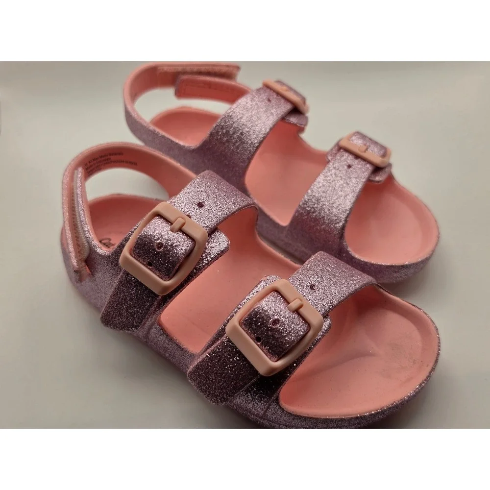 Cat & Jack Girls Pink Glitter Double Strap Buckle Sandals Size 10 093111288